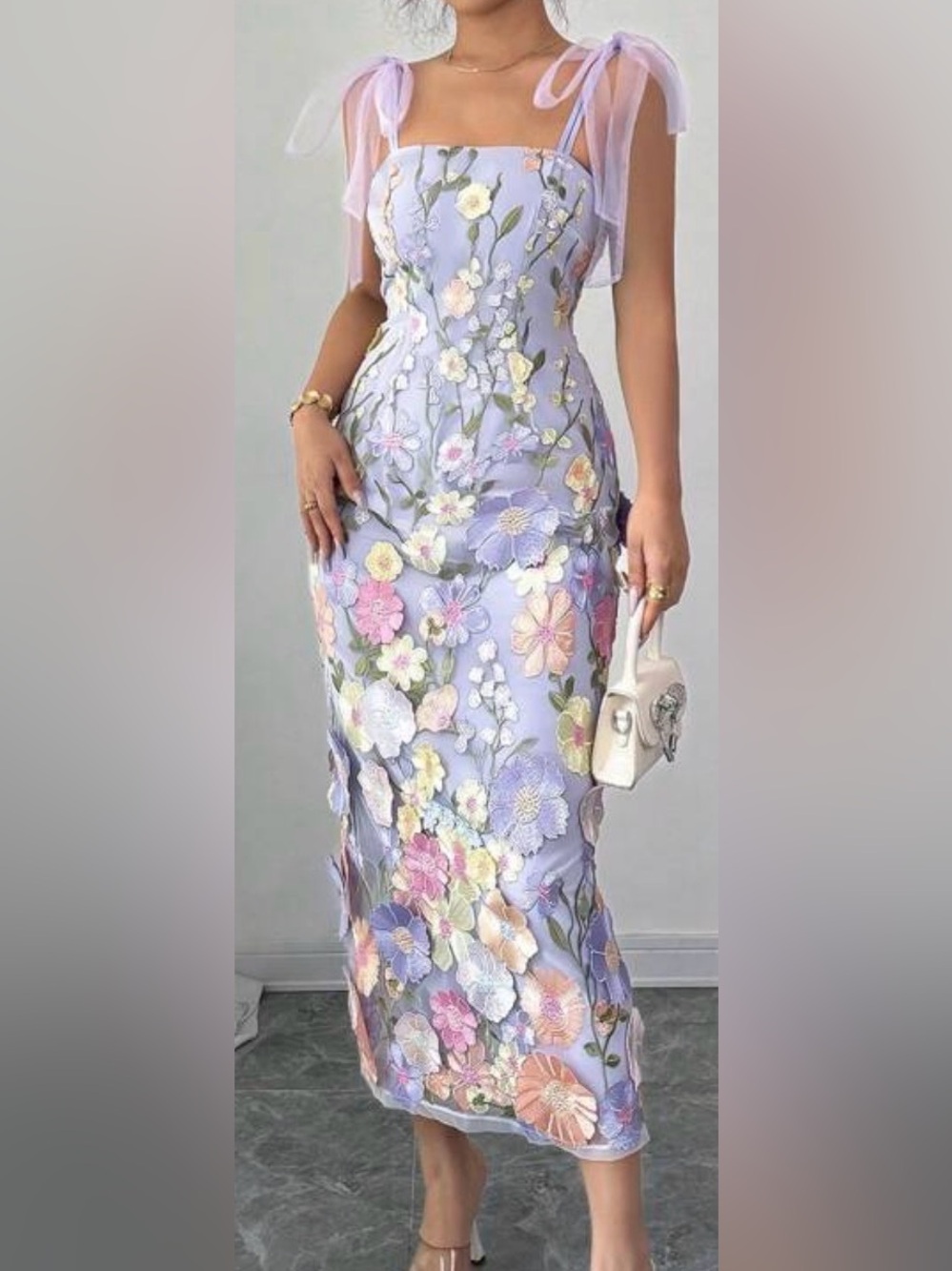BIG SALE(3for $50)- Lilac Floral Embroidered Midi Dress with Tie-Shoulder Straps - Picture 3 of 8
